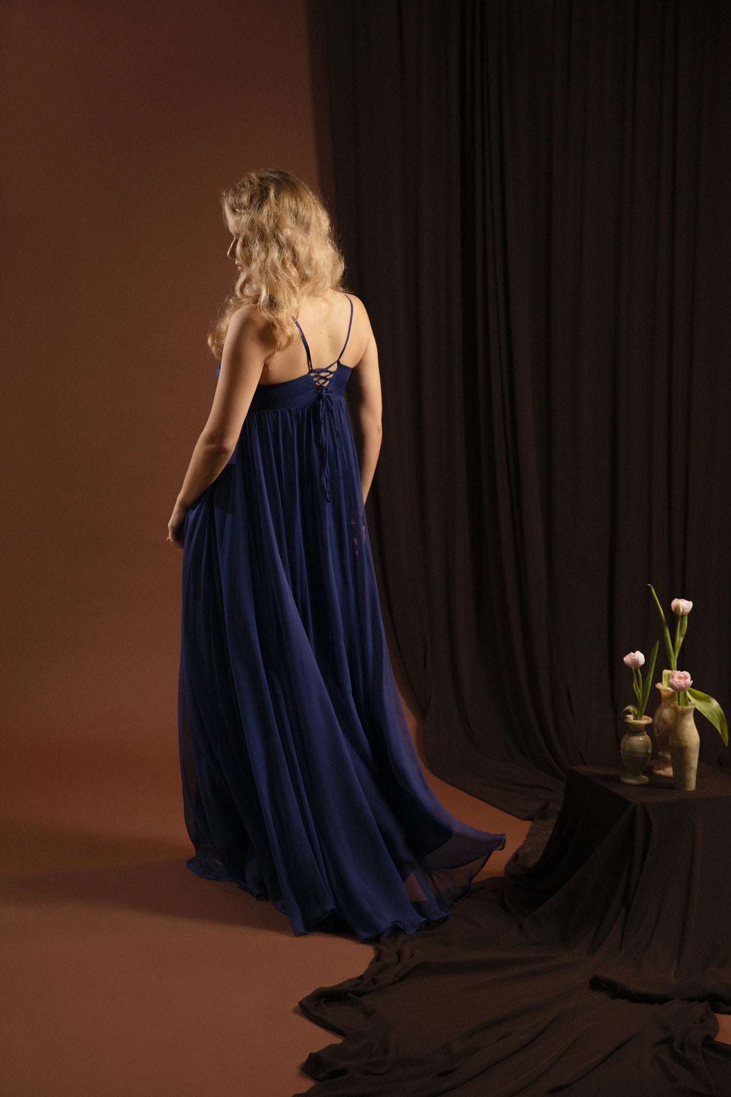 robe en mousseline bleue longue mariage