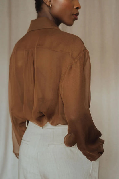 dos d'une chemise en soie femme marron